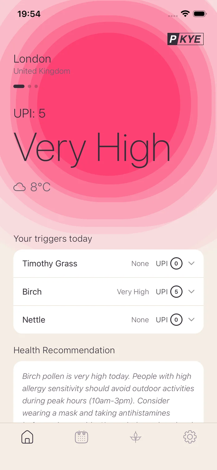 Pollen: Know Your Enemy home screen showing today's pollen levels